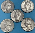 1964 P Washington Quarters 90% Silver Philadelphia Lot Of 5 Circulated Ungraded