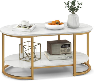 Gold Coffee Table, 39.5  Oval Coffee Tables with 2 Tiers, Faux Marble Top, Open