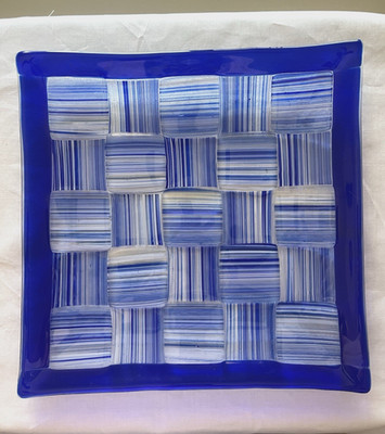 VTG Cobalt Blue Basket Weave Threads Fused Art Glass Serving Tray 11.75''
