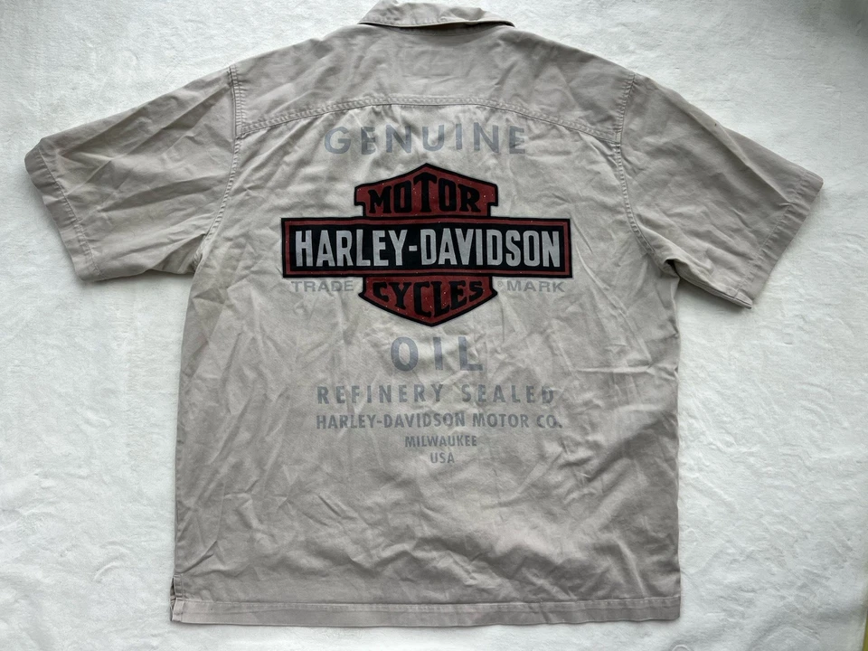 Camisa Harley Davidson Para Hombres Talla XL Manga Corta Abotonada Beige Milwaukee Oil Foto 4 de 4