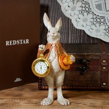 Vintage Alice Wonderland Rabbit Figurine Resin Bunny Holding Pocket Watch Statue