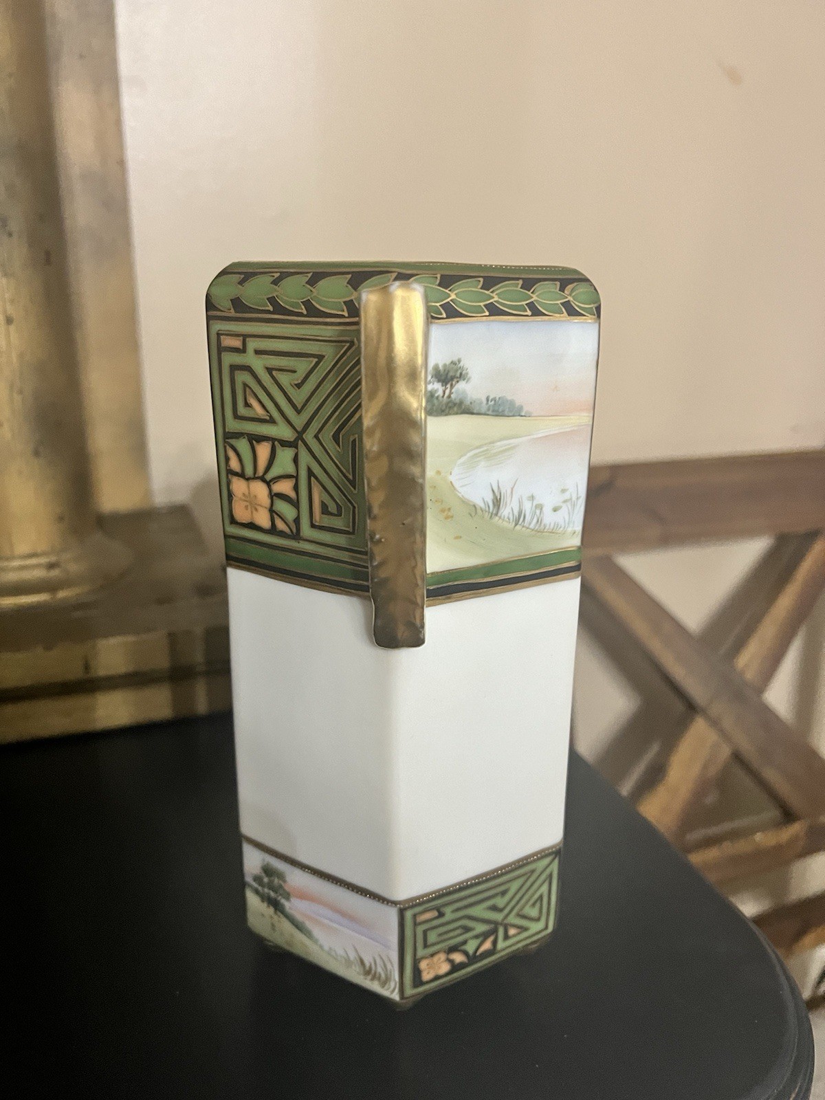 Nippon Two Handled Hexagonal Hand-painted Porcelain Vase Circa 1920s