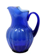Vintage Cobalt Blue Glass Pitcher W/ Ice Lip Ribbed side 10.5"  In Exc. Cond.