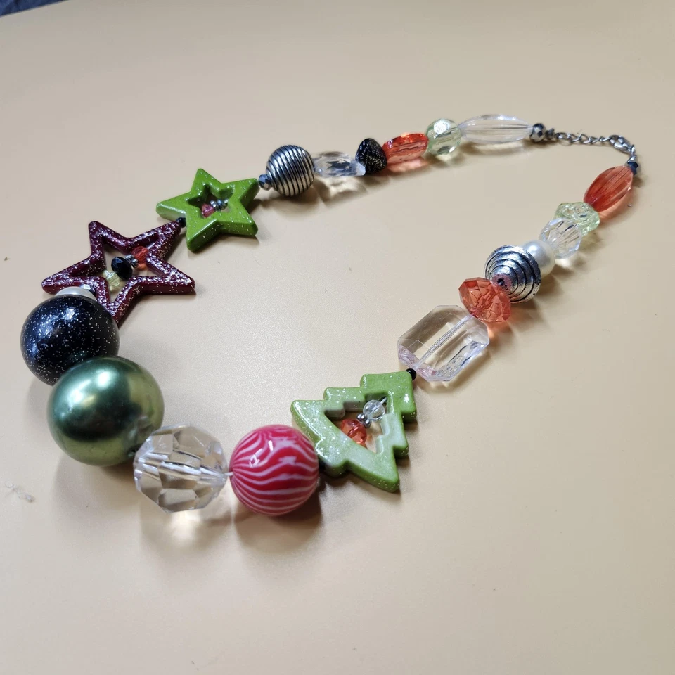Chunky Christmas Necklace Holiday Beads Stars Trees Large Statement Jewelry Gift - Image 3 of 4