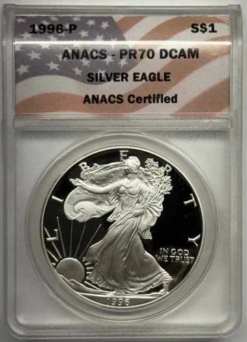 1996-P Silver Eagle PR70 DCAM ANACS American Flag Label