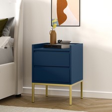 Bedside Table Navy Blue with 2 Storage Drawers and Gold Metal Legs Modern Style