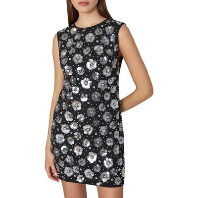 $575 Milly Ivette Fleur Pailette Shift Mini Dress Sz 2 Black Silver Floral NWT