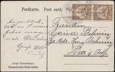 DSWA 24 Imperial Yacht 3 Pf Vertical Pair Swakopmund 3.8.1906 on Postcard Antelope