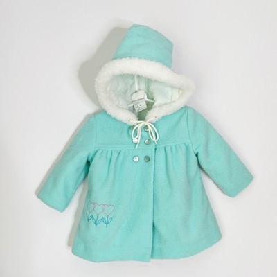 Vintage Sears Hooded Coat Aqua Blue Heart Embroidery Baby 18mo 2T Fleece Cozy
