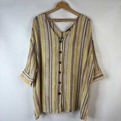 Fred David Womens Tunic Top Plus Size 2X Yellow Button Up Stripes Open Back