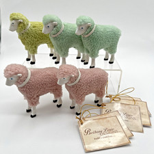 Bethany Lowe Set of 5 Pastel Wooly Sheep Lamb Figurines - Green Blue Pink