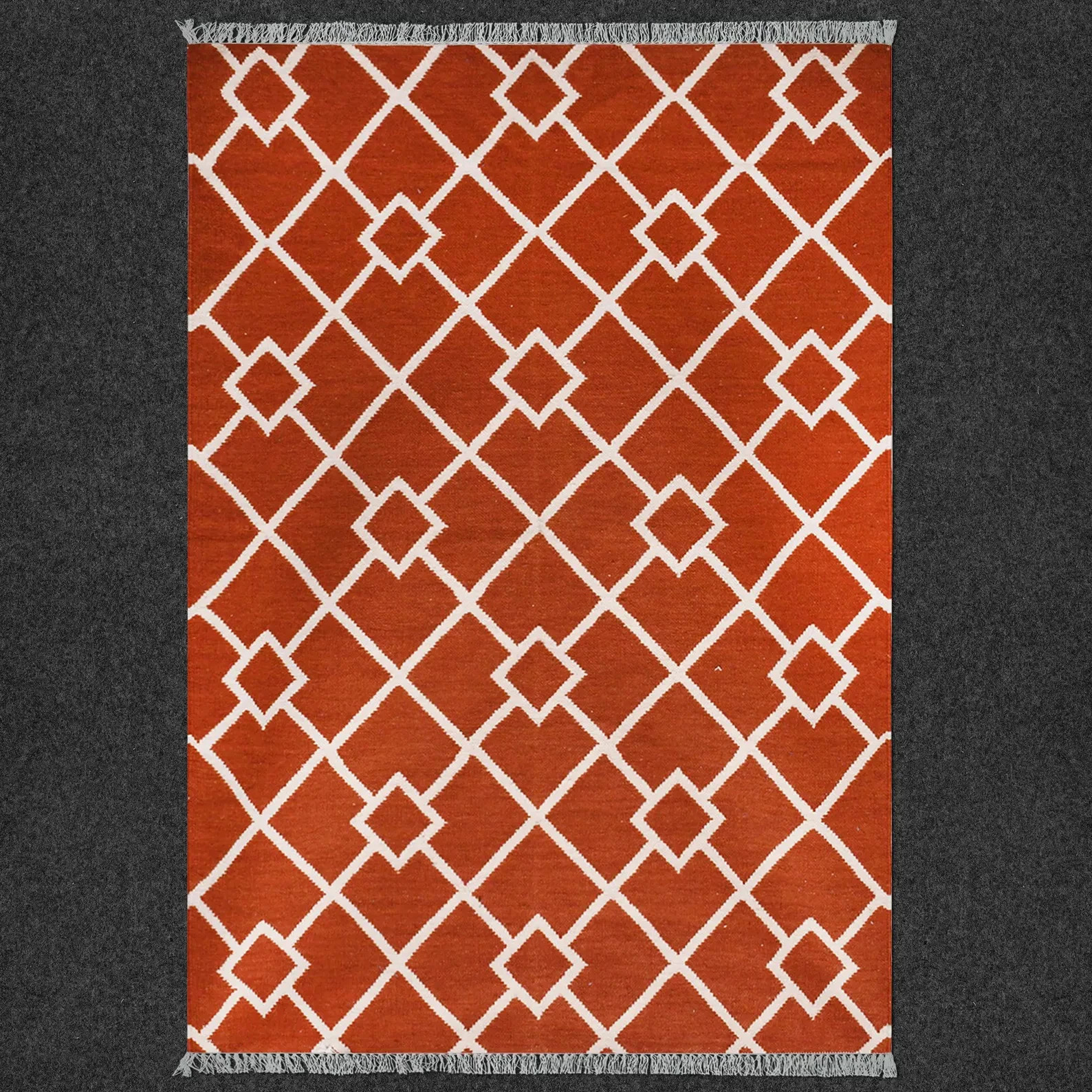 Hand Knotted Cotton/Wool Dhurrie Rug Color Red and White Handmade Carpet Rug