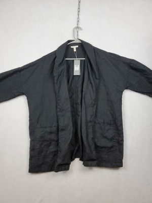 Eileen Fisher Blazer Women's M Black 100% Linen Open Front Lagenlook Minimalist