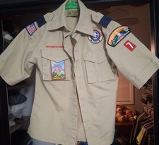 BOY SCOUTS OF AMERICA Youth Sz M Short-Sleeve Hidden-Button Beige Uniform Shirt