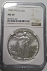 1986 AMERICAN SILVER EAGLE DOLLAR 1 OZ NGC MS69 BROWN LABEL 1st Year of Issue x1