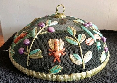 VINTAGE KUPPEL ESSEN DECKEL VERZIERT MIT SCHMETTERLINGEN UND BLUMEN usw.