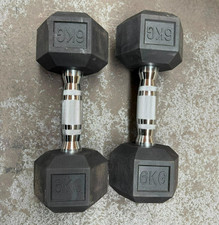 Hex Dumbbells 6kg x2 Pair Rubber Encased Cast Iron Weights USED EX-COMPETITION