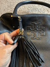 Tory Burch Black Pebbled Top Handle Bag Gold Hardware Tassel Logo Zip Closure