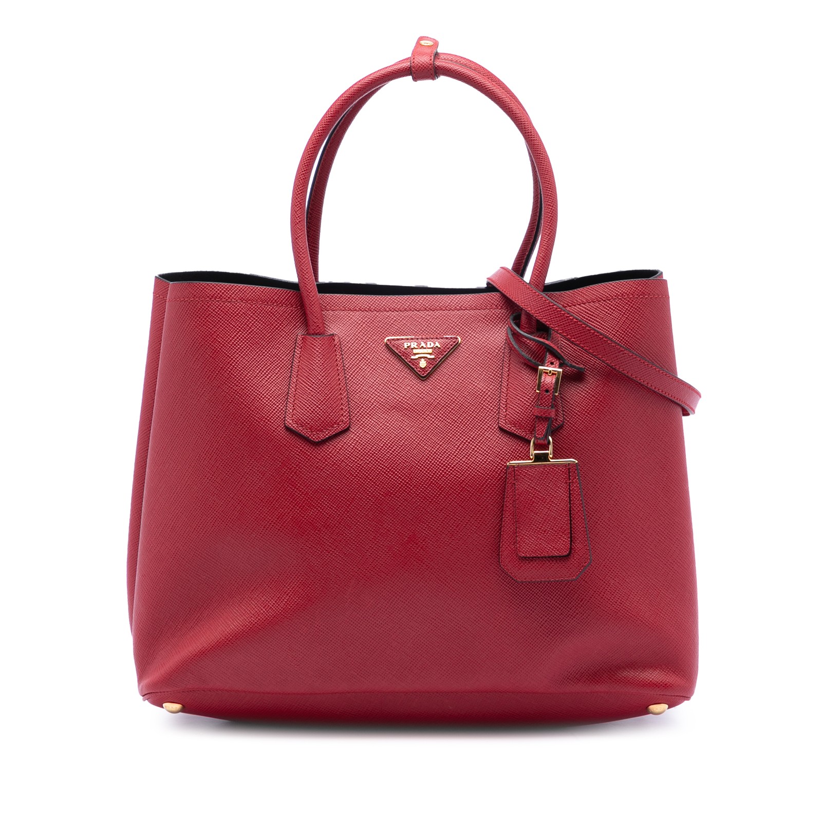 Authenticated Prada Large Saffiano Cuir Double Red Leather Satchel