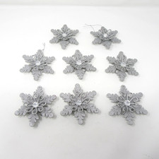 Silver Glitter Snowflake Christmas Ornaments w/ Gem Centers 4" diameterSet of 8