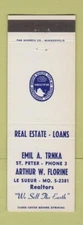 Matchbook Cover - Emil Trnka Real Estate St Peter Le Sueur MN Arthur Florine