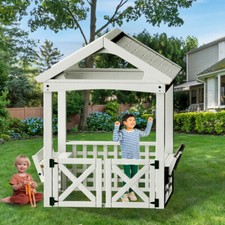 Outdoor Wooden Playhouse for Kids, Backyard Playhouse with Bench and Door