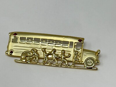 AJC American Jewelry Chain Godltone Red Rhinestone School Bus Brooch Pin