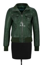 Atlantic Ladies Real Leather Bomber Jacket Green Short Slim Fit Casual Blouson