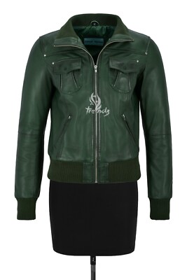 ATLANTIC Ladies Real Leather Bomber Jacket Green Short Slim Fit