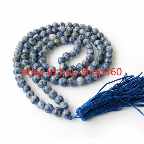 Collana Mala 6mm Pietra Preziosa Blu Perline Tonde Tibet Buddista 108 Perline Preghiera - Foto 8 di 12