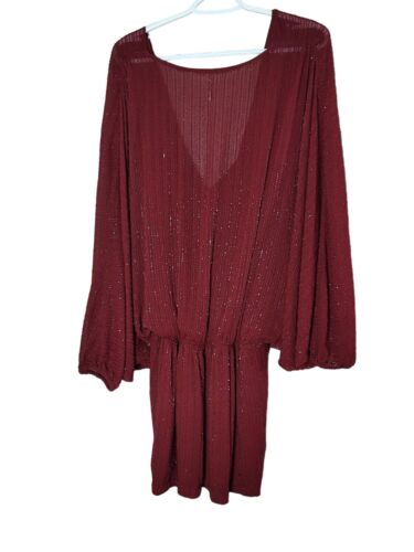 Free People Burgundy V-Neck Dress Batwing Sleeves & Sparkle Detailing Size Large - Picture 2 of 6