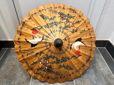 Vintage Hand Painted Rice Paper and Bamboo Asian Parasol Cranes and Trees 22"