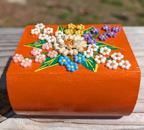 Small Orange Trinket Box With Flowers Shaped Like A Book Exquisite EUC - Picture 10 of 11