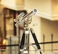 18" Brass Nautical Double Barrel Mini Navy Telescope With Wooden Tripod Stand