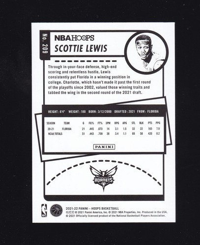 2021-22 Hoops Scottie Lewis Rookie #209 Charlotte Hornets - Picture 2 of 2