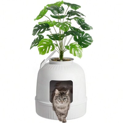 Litter Box for Cat with Faux Plant&Scoop, Hidden Odor Control Tray,Carbon Filter