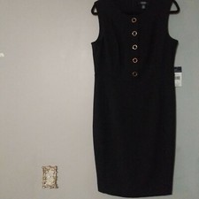 Chaps Ralph Lauren Womens 12 Midnight Blue Sheath pencil Dress faux gold detail