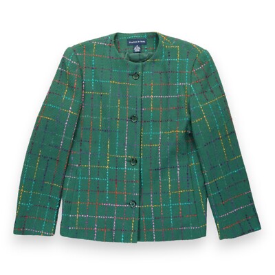 Vintage Preston York Jacket Blazer Women's Size 14 Green Plaid Tweed 