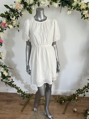 Influence weißes Kittelkleid Größe 8 12 & 16 weiß Baumwolle Dobby Puff Ärmel MH59