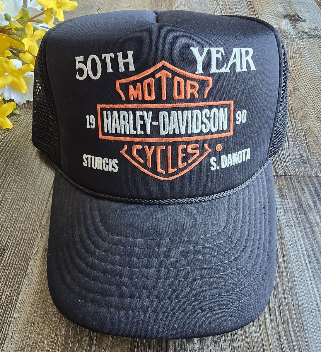 Vintage Harley Davidson Sturgis 1990 50th Motorcycle Rally Trucker Hat  Snapback