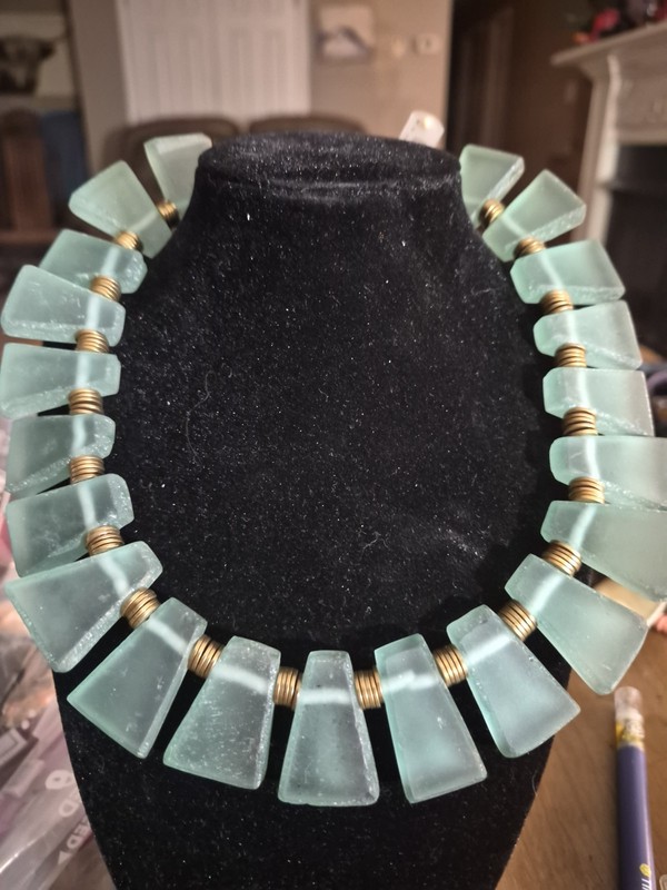 Teri Pelio Artisan Statement Necklace Sea Glass Aqua Green Matte Brass Chunky