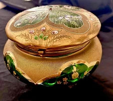 Beautiful Bohemian Glass Covered Candy Dish, Emerald Green, Gold, Czech.