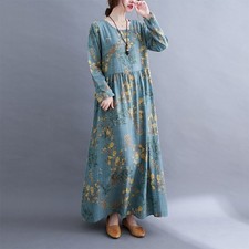 1-Women Loose Dress Vintage Printed Long Sleeves Round Neck High Waist PQII