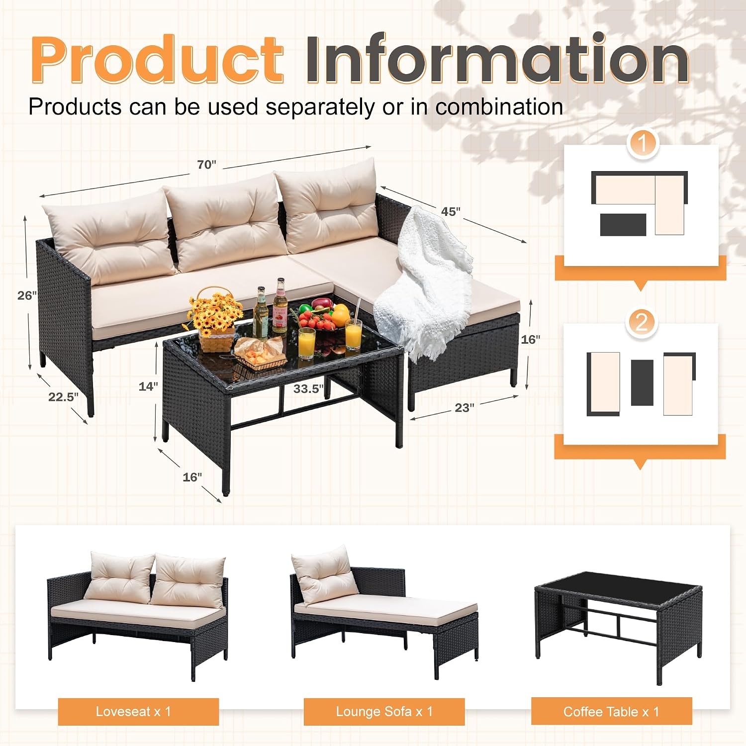 Devoko 3 Piece Rattan Outdoor Sectional Sofa with Glass Table Beige alternate view 2