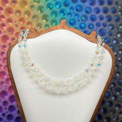 Vintage Double Strand Aurora Borealis Beaded Choker Necklace MCM Rainbow