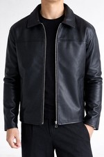Men  s Black Leather Zip-Up Jacket   Classic Collar  Modern Slim Fit