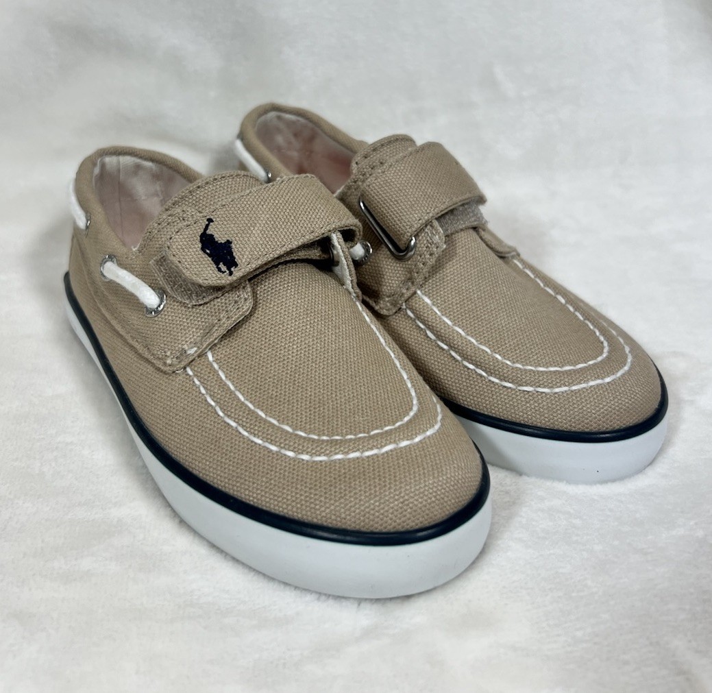 Polo Ralph Lauren Boys Canvas Dress Shoes Size US 8.5 Tan Hook And Loop