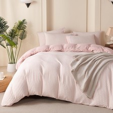 Striped Duvet Cover Set Queen Pink Washed Microfiber Jacquard 3 Pieces Bedding