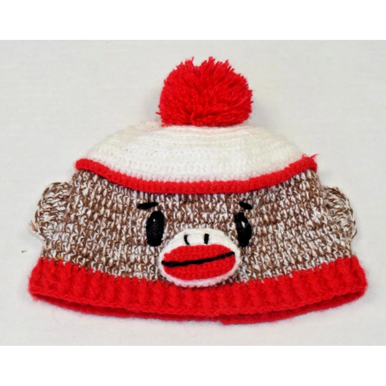 Vintage Baby Knit Hat DayLee Design 0-6 Months 90s Sock Puppet Monkey Pom