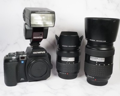 Olympus E-500 8MP CCD DSLR + 14-42mm 40-150mm Objektive + FL-36 Blitzset